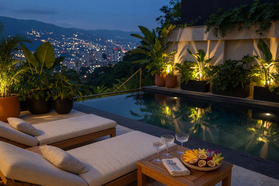 A quiet hotel suite with a city view